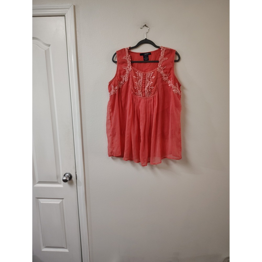 Denim 24/7 Womens Plus 20W Coral Pink Embroidered Sleeveless Babydoll Blouse